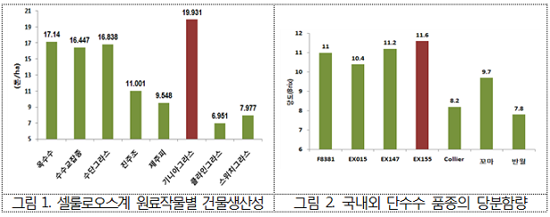 셀룰로오스계 원료작물별 건물생산성 그래프, 국내외 단수수 품종의 당분함량 그래프