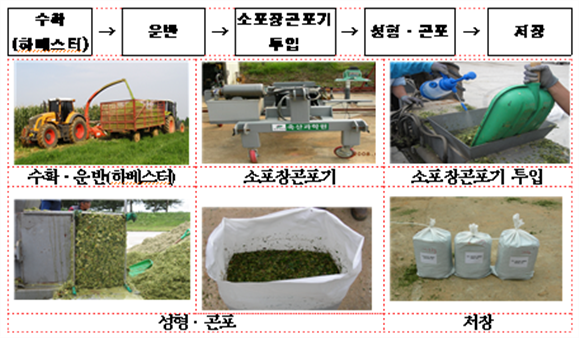 수확(하베스터)-운반-소포장곤포기 투입-성형.곤포-저장 단계 이미지