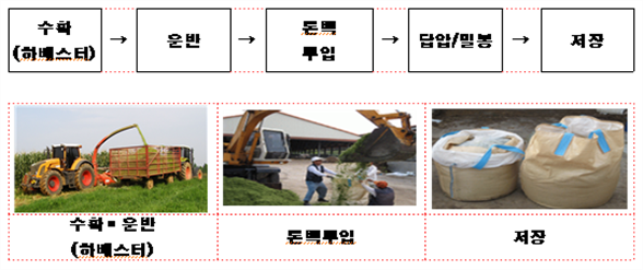 수확(하베스터)-운반-톤백 투입-답압/밀봉-저장 단계 이미지