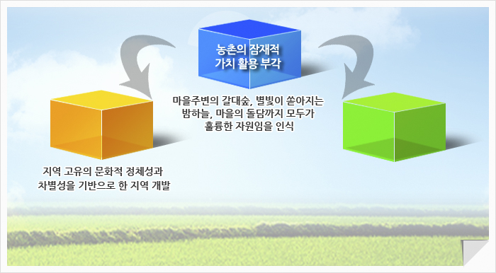 농촌의 잠재적 가치활용 부각 - 마을주변의 갈대숲, 별빛이 쏟아지는 밤하늘, 마을의 돌담까지 모두가 훌륭한 자원임을 인식, 지역 고유의 문화적 정체성과 차별성을 기반으로 한 지역 개발