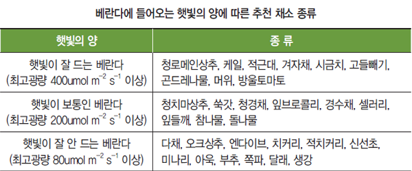 베란다에 들어오는 햇빛의 양에 따른 추천 채소 종류, 햇빛의 양, 종류, 햇빛이 잘 드는 베란다, 청로메인상추, 케일, 적근대, 겨자채, 시금치, 고들빼기, 곤드네나물, 머위, 방울토마토, 햇빛이 보통인 베란다, 청치마상추, 쑥갓, 청경채, 잎브로콜리, 경수채, 셀러리, 잎들깨, 참나물, 돌나물, 햇빛이 잘 안드는 베란다, 다채, 오크상추, 엔다이브, 치커리, 적치커리, 신선초, 미나리, 아욱, 부추, 쪽파, 달래, 생강