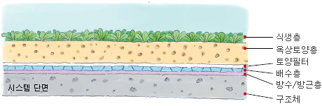 식생충, 옥상토양층, 토양필터, 배수층, 방수/방근충, 구조체 순으로 이루어진 저관리 경량형 옥상정원 구조 단면