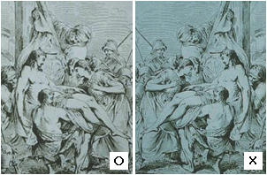 시각편중 작품 십자가에서 내리는 예수(18세기 독일 작품)을 시각의 편중별로 보여주는 그림