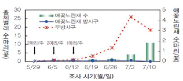 애꽃노린재 방사구 : 5월29일-2마리/주, 6월5일-2마리/주, 6월12일-1마리/주  애꽃노린재 수 : 6월19일-1마리, 6월26일-2마리, 7월3일-5마리, 7월10일-10마리  무방사구 : 5월 29일-0마리,6월5일-1마리, 6월12일-2마리, 6월19일-3마리, 6월26일-9마리, 7월3일-27마리, 7월10일-20마리  