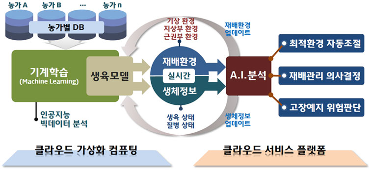 2세대 한국형 스마트팜 기술 개요-실시간 재배환경(기상환경, 지상부 환경, 근권부 환경)과 생체정보(생육상태, 질병 상태)는 클라우드 서비스 플랫폼기반 A.I분석을 통해(최적환경 자동조절, 재배관리 의사결정, 고장예지 위험판단) 클라우드 가상화 컴퓨팅 기반 농가별 DB를 받아 기계학습-Machine Learning(인공지능 빅데이터 분석)한 생육모델