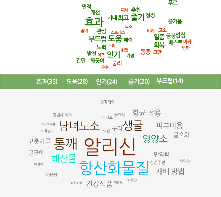 효과 35, 도움 28, 인기24, 줄기20, 부드럽14, 알리신, 항산화물질, 남녀노소, 영양소, 통깨, 해산물, 생굴 등등 마늘의 관련키워드
