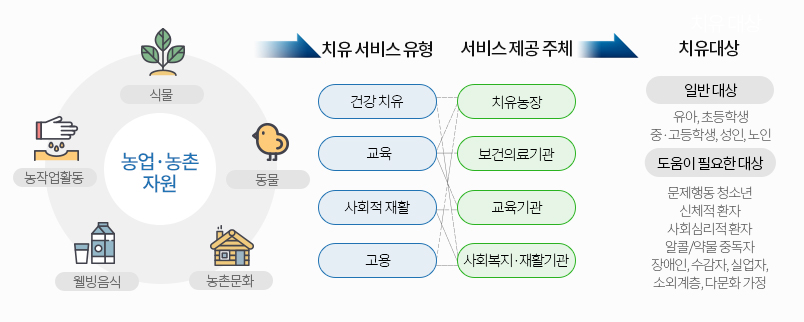 농업·농촌 자원에는 식물, 동물, 농작업활동, 웰빙음식, 농촌문화가 있음. 치유서비스 유형에는 건강치유, 교육, 사회적 재활, 고용이 있음. 서비스 제공 주체에는 치유농장, 보건의료기관, 교육기관, 사회복지·재활기관이 있음. 치유대상에는 일반대상-유아, 초등학생, 중·고등학생, 성인, 노인이 있음. 도움이 필요한 대상-문제행동 청소년, 시채적 환자, 사회심리적 환자, 알콜/약물중독자, 장애인, 수감자, 실업자, 소외계층, 다문화 가정이 있음.