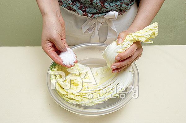 배추는 겉대만 떼고 반으로 갈라(큰 것은 네 쪽을 낸다) 소금물에 잠기게 담가 하룻밤 절인다.