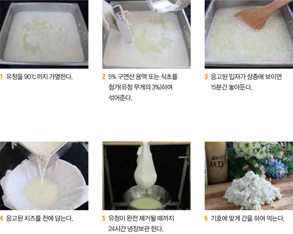 1 유청을 90℃까지 가열한다. 2 5% 구연산 용액 또는 식초를 첨가(유청 무게의 3%)하며 섞어준다. 3 응고된 입자가 상층에 보이면 15분간 놓아둔다. 4 응고된 치즈를 천에 담는다. 5 유청이 완전 제거될 대까지 24시간 냉장보관 한다. 6 기호에 맞게 간을 하여 먹는다.