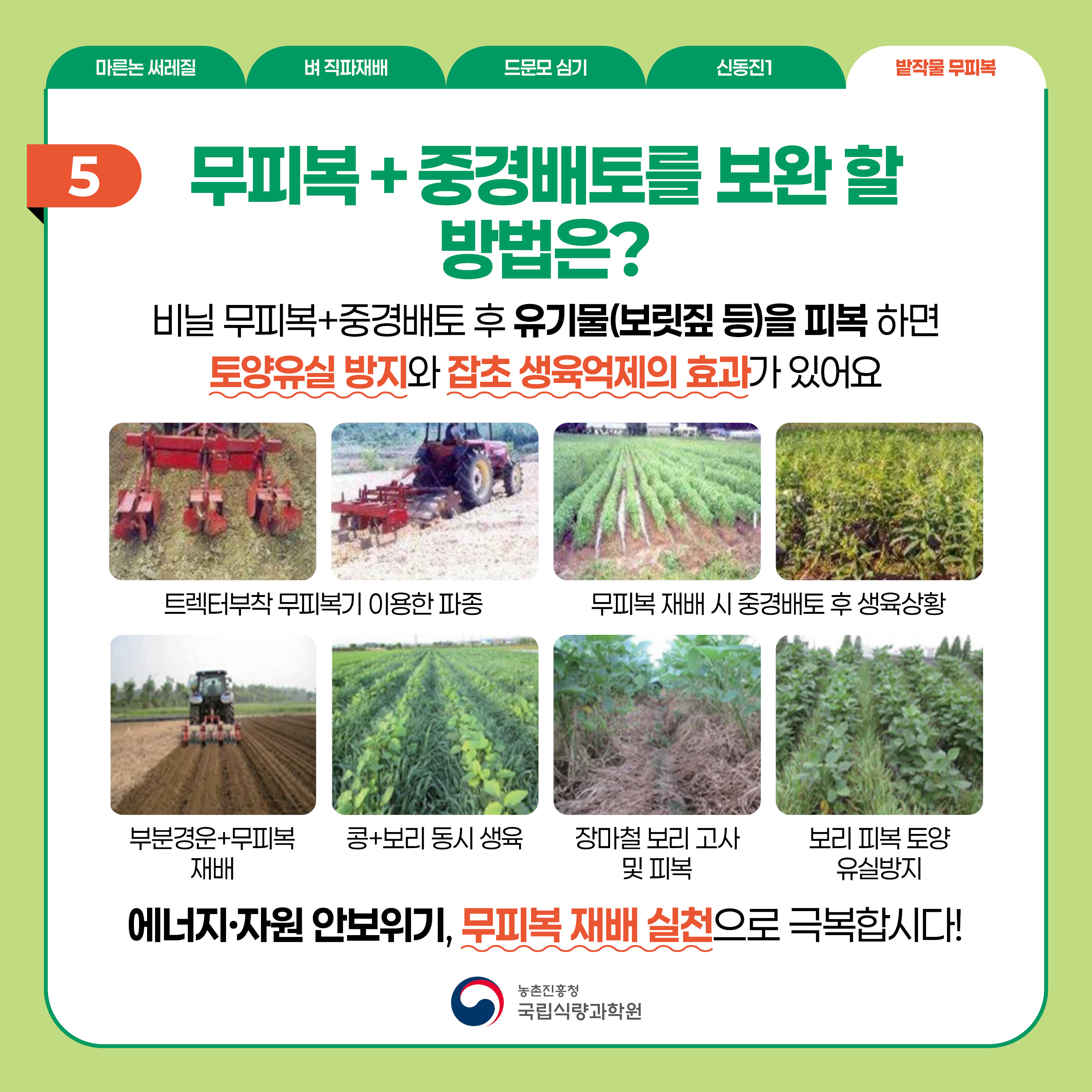 밭작물 무피복  5 무피복+중경배토를 보완할 방법은? 비닐 무피복+중경배토 후 유기물(보릿짚 등)을 피복 하면 토양유실 방지와 잡초 생육 억제의 효과가 있어요  트렉터부착 무피복기 이용한 파종   무피복 재배시 중경배토 후 생육 상황  부분경운+무피복 재배  공+보리 동시 생육  장마철 보리 고사 및 피복  보리 피복 토양 유실방지   에너지·자원 안보위기, 무피복 재배 실천으로 극복합시다!  농촌진흥청 국립식량과학원