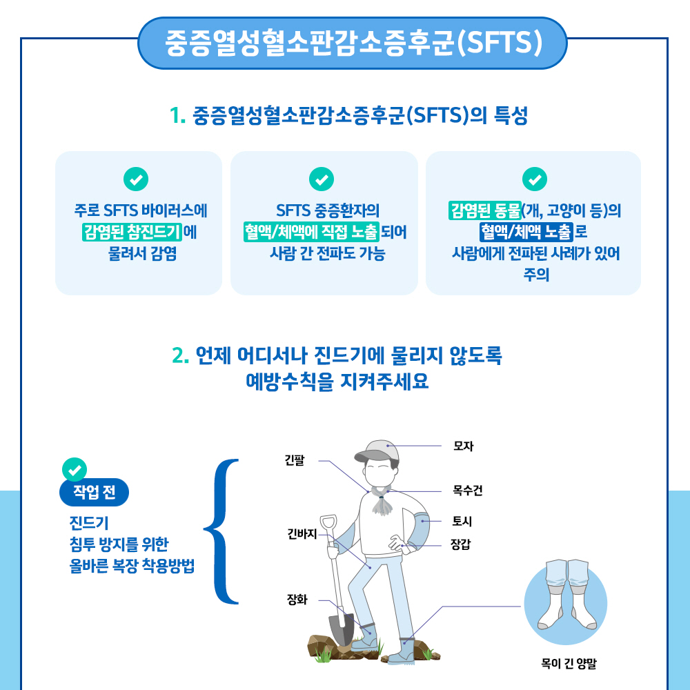 중증열성혈소판감소증후군(SFTS) 1. 중증열성혈소판감소증후군(SFTS)의 특성 * 주로 SFTS바이러스에 감염된 참진드기에 물려서 감염, * SFTS 중증환자의 혈액/체액에 직접 노출되어 사람간 전파도 가능 * 감염된 동물(개, 고양이 등)의 혈액/체액 노출로 사람에게 전파된 사례가 있어 주의 2. 언제 어디서나 진드기에 물리지 않도록 예방 수칙을 지켜주세요 * 작업전 진드기 침투방지를 위한 올바른 복장 착용방법 : 긴발, 긴바지, 장화, 모자, 목수건, 토시, 장갑, 목이 긴 양말