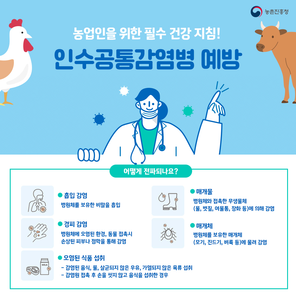 농업인을 위한 필수 건강 지침! 인수공통감염병 예방 * 어떻게 전파되나요?  - 흡입감염 : 병원체를 보유한 비말을 흡입  - 매개물 : 병원체와 접촉한 무생물체(물, 볏집, 여물통, 장화 등)에 의해 감염, - 경피감염 : 병원체에 오염된 환경, 동물 접촉시 손상된 피부나 점막을 통해 감염 - 매개체 : 병원체를 보유한 매개체(모기, 진드기, 벼룩 등)에 물려 감염 - 오염된 식품 섭치 : 감염된 음식, 물, 살균되지 않은 우유, 가열되지 않은 육류 섭취, 감염원 접촉 후 손을 씻지 않고 음식을 섭취한 경우