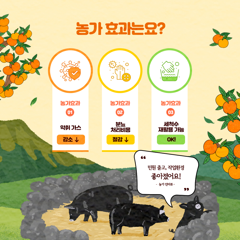 농가효과는요? ①악취가스 감소 ②분료 처리비용 절감 ③세척수 재활용 가능 OK! * 민원 줄고, 작업환경 좋아졌어요 - 농가인터뷰-