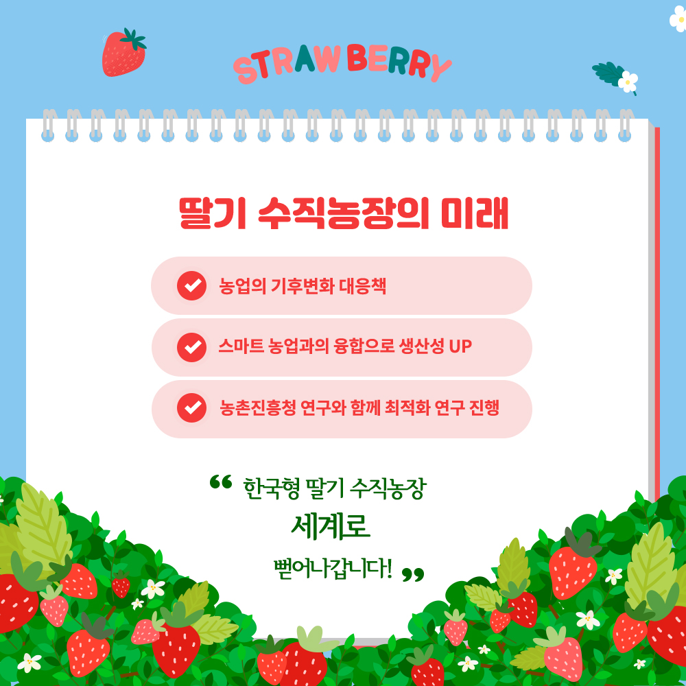 딸기 수직농장의 미래 농업의 기후변화 대응책 스마트 농업과의 융합으로 생산성 UP 농촌진흥청 연구와 함께 최적화 연구 진행 '한국형 딸기 수직농장 세계로 뻗어나갑니다'
