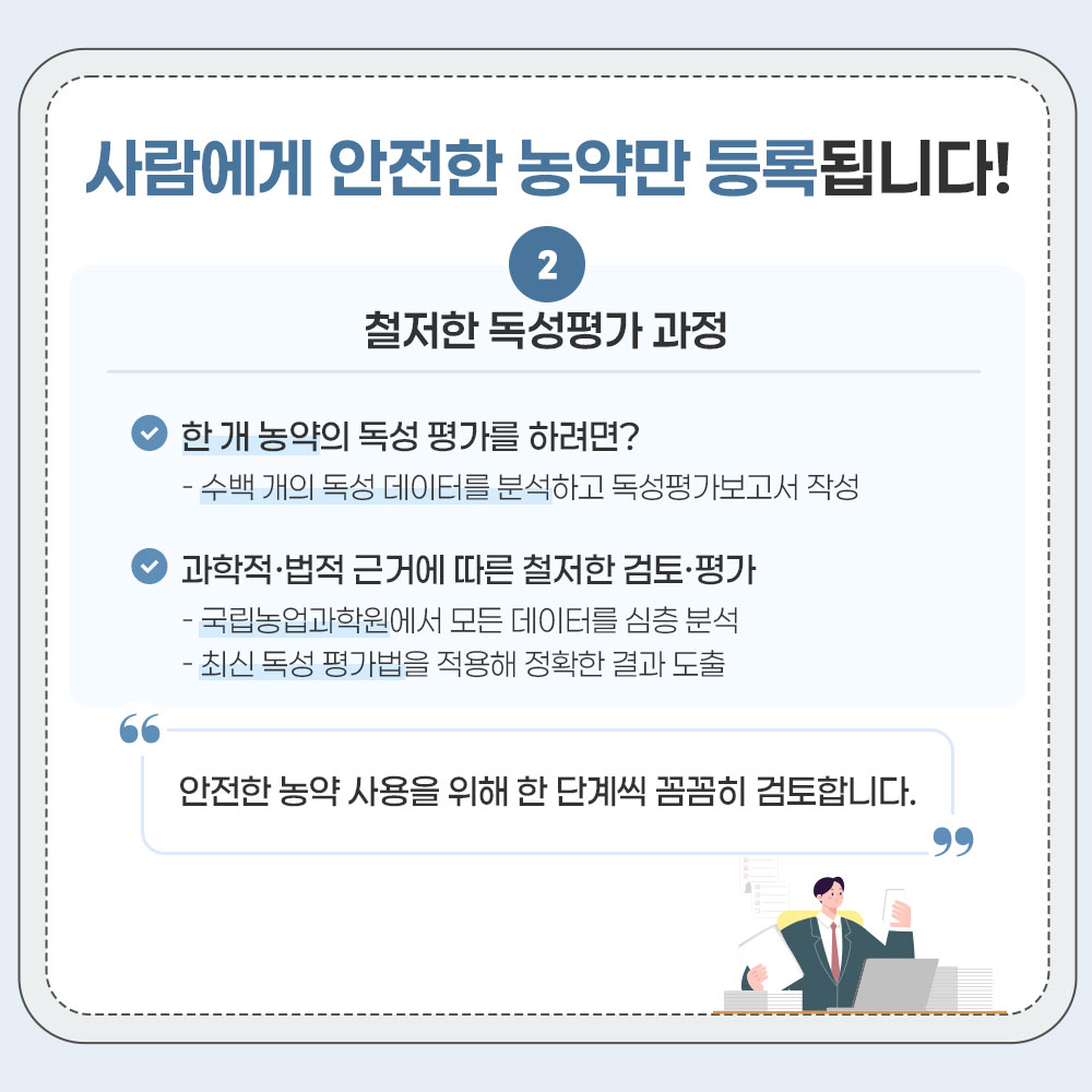 사람에게 안전한 농약만 등록됩니다! 2 철저한 독성평가 과정 - 한 개 농약의 독성 평가를 하려면? * 수백 개의 독성 데이터를 분석하고 독성평가보고서 작성 - 과학적ㆍ법적 근거에 따른 철저한 검토ㆍ평가 * 국립농업과학원에서 모든 데이터를 심층 분석 * 최신 독성 평가법을 적용해 정확한 결과 도출 안전한 농약사용을 위해 한 단계씩 꼼꼼히 검토합니다.