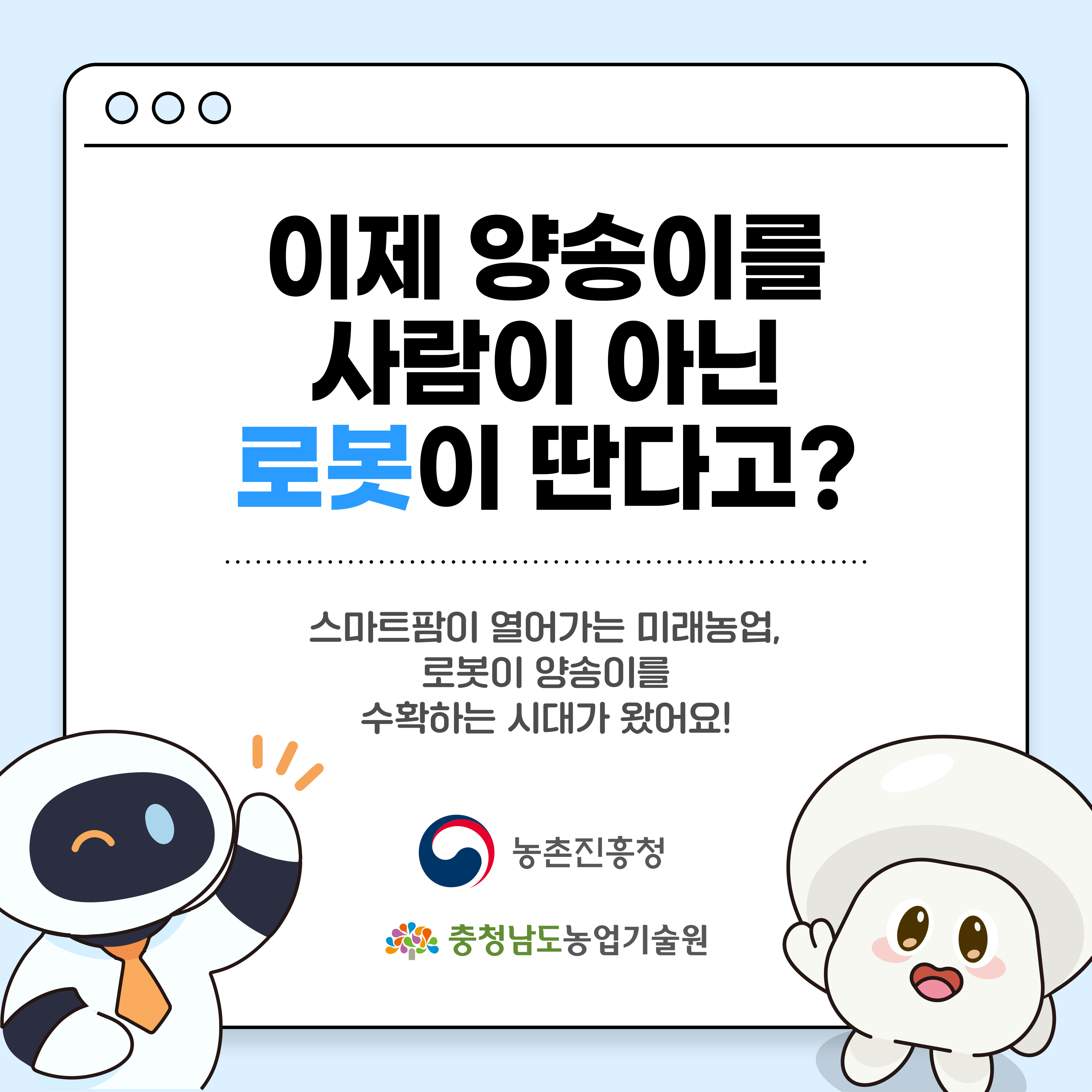 이제 양송이를 사람이 아닌 로봇이 딴다고? 스마트팜이 열어가는 미래농업, 로봇이 양송이를 수확하는 시대가 왔어요!  농촌진흥청, 충청남도농업기술원