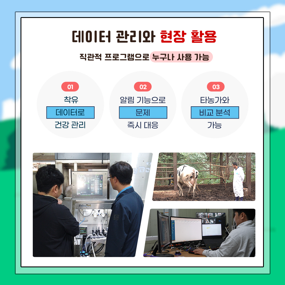 데이터관리와 현장 활용 : 직관적 프로그램으로 누구나 사용 가능 1. 착유 데이터로 건강 관리, 2. 알림기능으로 문제 즉시 대응, 3. 타농가와 비교 분석 가능