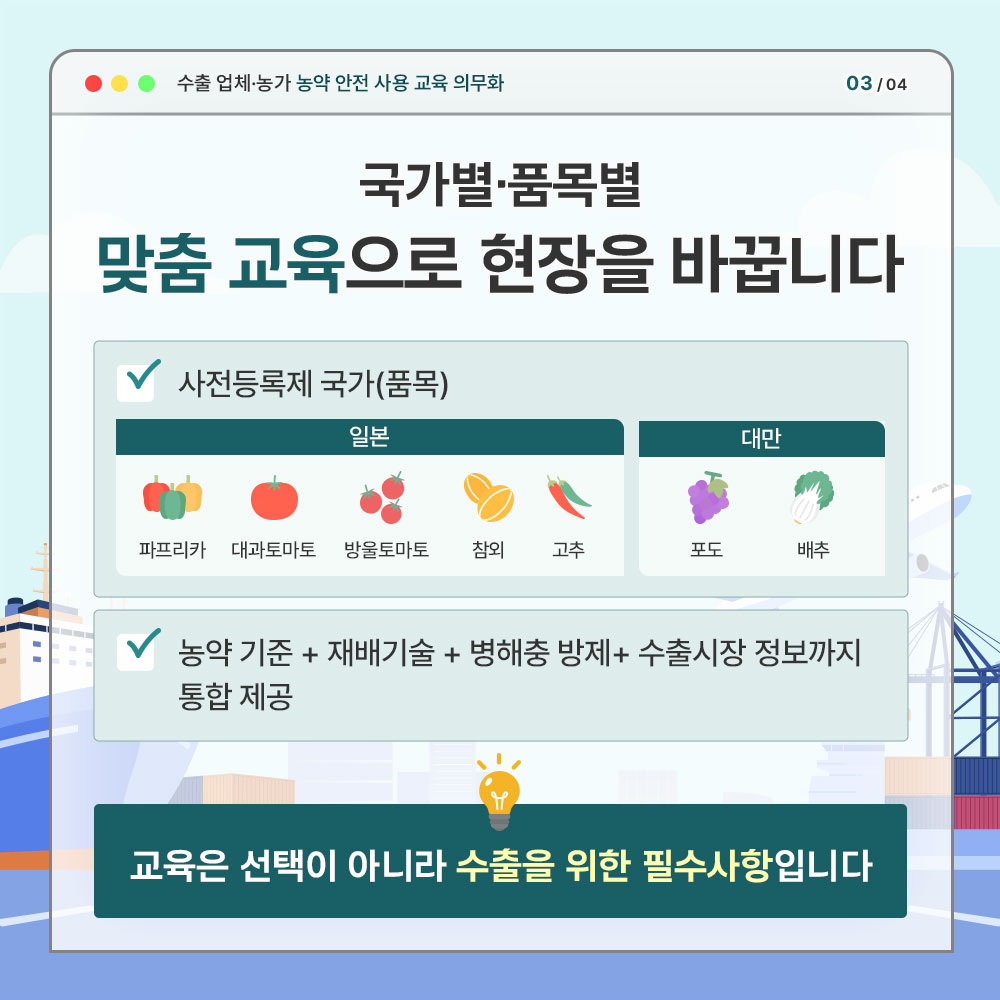 수출업제.농가 농약 안전 사용 교육 의무화 국가별.품목별 맞춤 교육으로 현장을 바꿉니다 * 사전등록제 국가(품목) : 일본(파프리카, 대과토마토, 방울토마토, 참외, 고추), 대만(포도, 배추) * 농약기준 +재배기술+병해충 방제 + 수출시장 정보까지 통합 제공 -교육은 선택이 아니라 수출을 위한 필수사항입니다