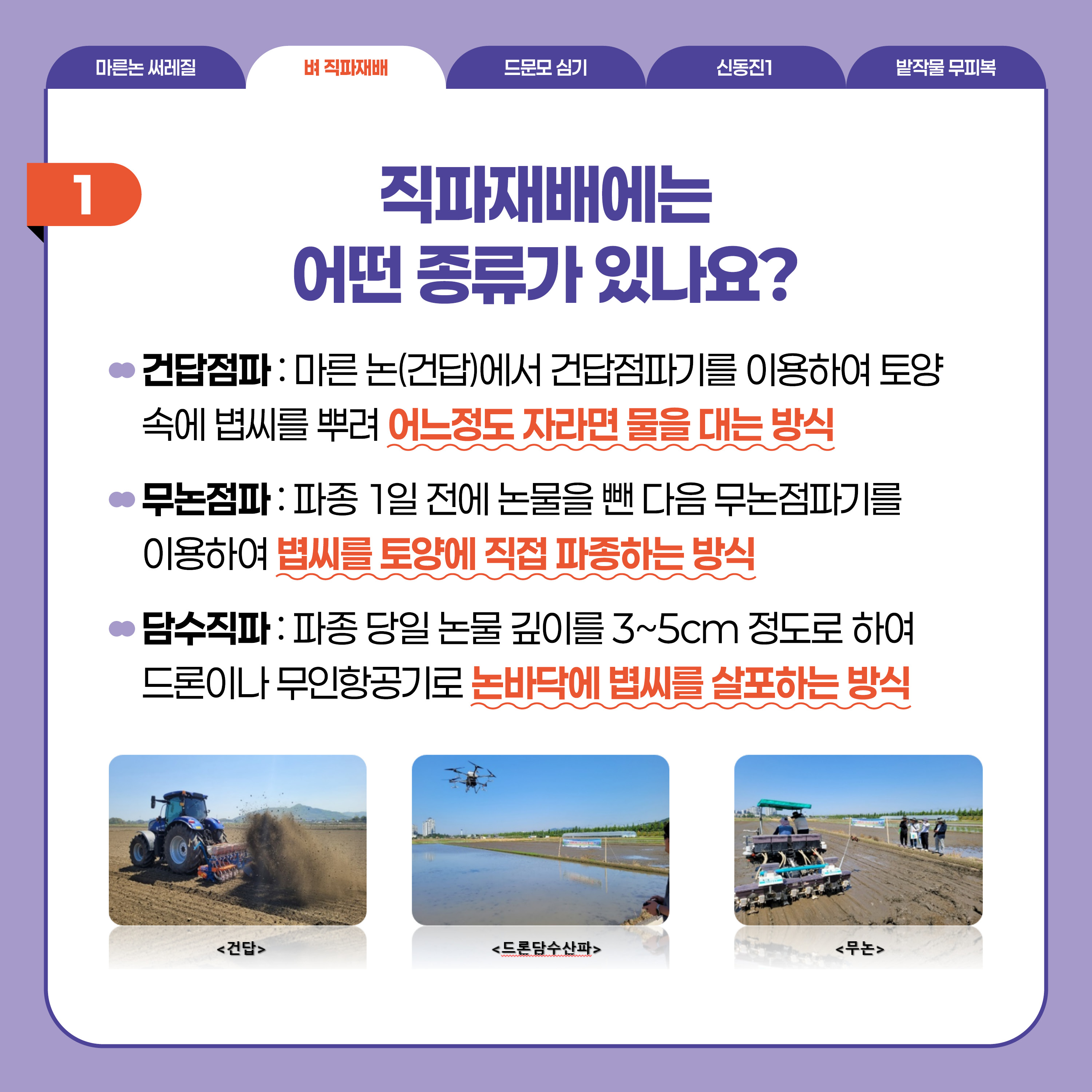 벼 직파재배  1 직파재배에는 어떤 종류가 있나요? 건답점파: 마른 논(건답)에서 건답점파기를 이용하여 토양속에 볍씨를 뿌려 어느정도 자라면 물을 대는 방식  무논점파: 파종 1일 전에 논물을 뺀 다음 무논점파기를 이용하여 볍씨를 토양에 직접 파종하는 방식  담수직파: 파종 당일 논물 깊이를 3~5cm 정도로 하여 드론이나 무인항공기로 논바닥에 볍씨를 살포하는 방식