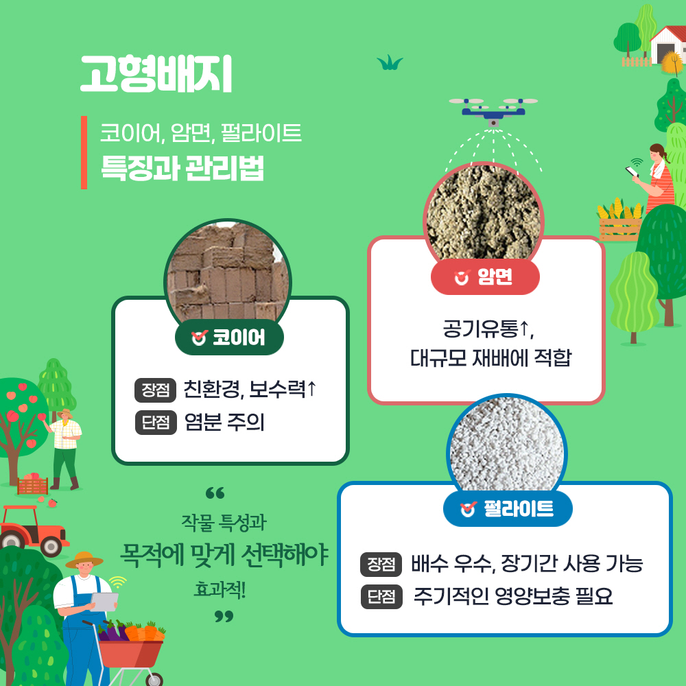  고형배지 : 코이어, 암면, 펄라이트 특징과 관리법 *코이어 : (장점) 친환경, 보수력↑, (단점) 염분주의, *암면 : 공기유통↑, 대규모 재배에 적합, *펄라이트 : (장점) 배수 우수, 장기간 사용 가능 (단점) 주기적인 영양 보충 필요  '작물 특성과 목적에 맞게 선택해야 효과적!'