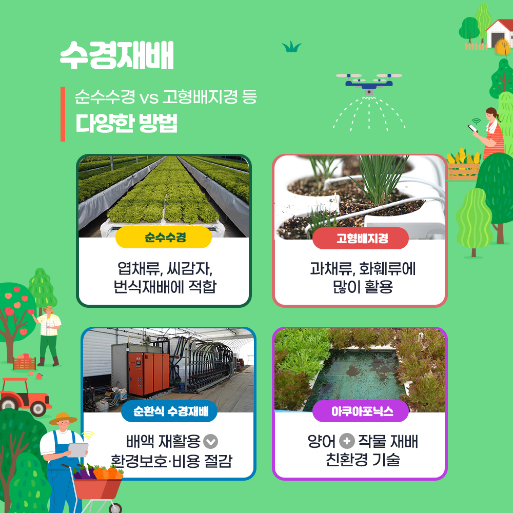 수경재배 : 순수수경vs고형배지경 등 다양한 방법 *순수수경 : 엽채류, 씨감자, 번식재배에 적합, *고형배지경 : 과채류, 화훼류에 많이 활용, * 순환식 수경재배 : 배액재활용, 환경보호 비용 절감, *아쿠아포닉스 : 양어+작물재배 친환경기술