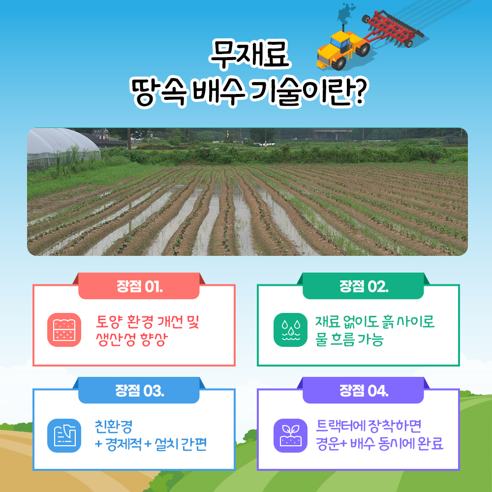 무재료 땅속 배수 기술이란? 장점 01. 토양 호나경 개선 및 생산성 향상, 장점 02. 재료 없이도 흙사이로 물 흐름 가능, 장점 03. 친환경+경제적+설치간편. 장점 04. 트랙터에 장착하면 경운+배수 동시에 완료