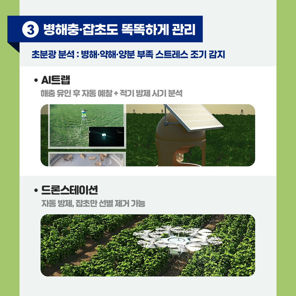 ③ 볗해충. 잡초도 똑똑하게 관리 : 초분광 분석 : 병해. 약해. 양분 부족 스트레스 조기 감지 - AI트랩 : 해충 유인 후 자동 예찰 + 적기 방제시기 분석 - 드론스테이션 : 자동방제, 잡초만 선별 제거 가능