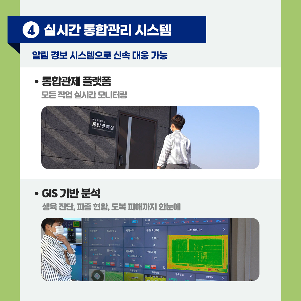 ④ 실시간 통합관리 시스템 : 알림경보 시스템으로 신속 대응 가능  - 통합관제 플랫폼 : 모든 작업 실시간 모니터링  - GIS 기반 분석 : 생육진단, 파종현황, 도복 피해까지 한눈에