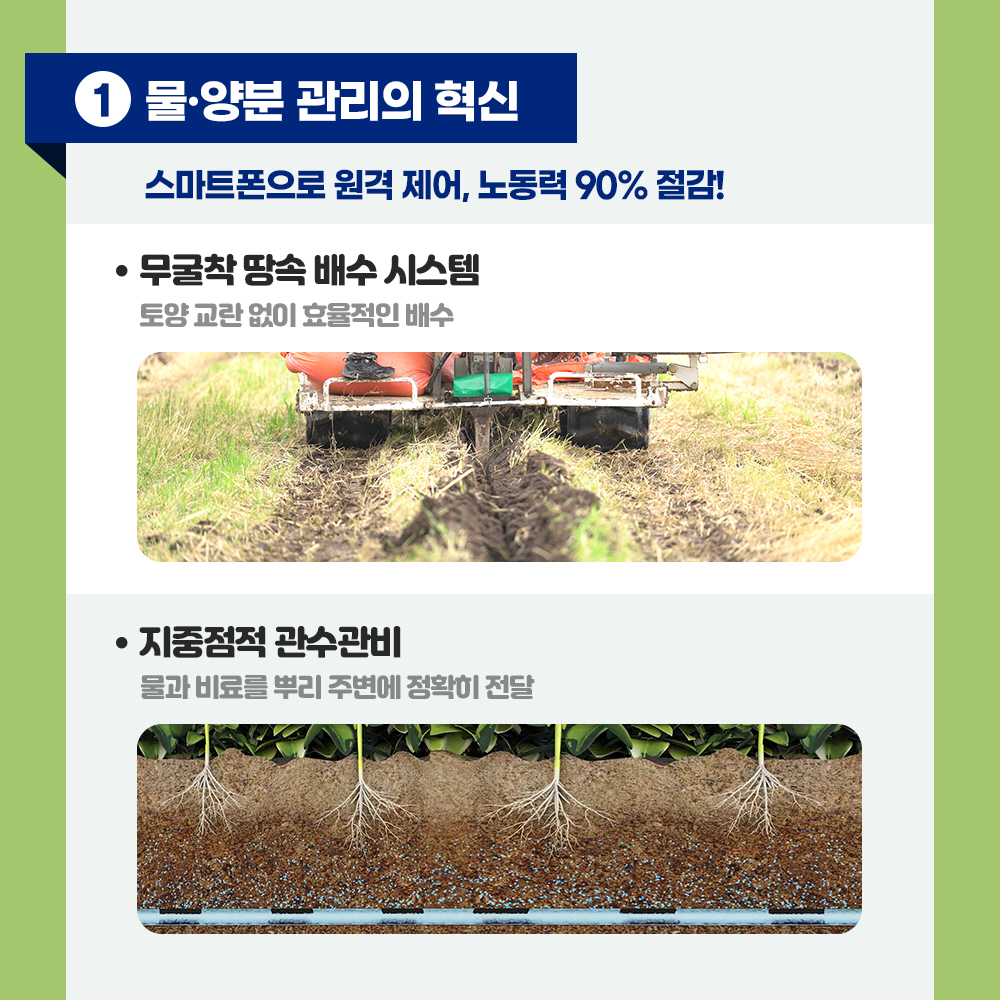 ① 물. 양분관리의 혁신 : 스마트폰으로 원격 제어, 노동력 90% 절감! - 무굴착 당속 배수 시스템 : 토양 교란없이 효율적인 배수 - 지중점적 관수 관비 : 물과 비료를 뿌리 주변에 정확히 전달
