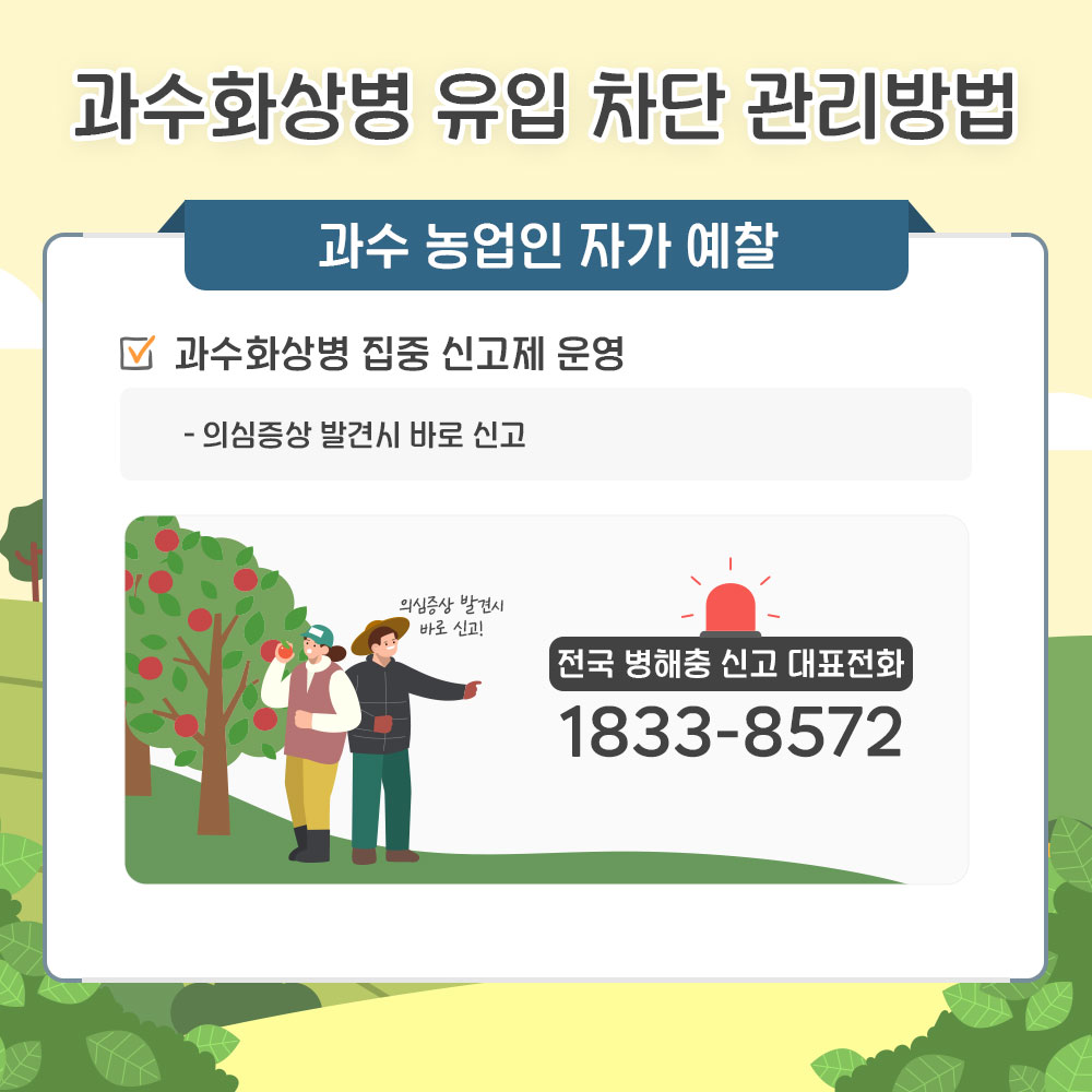 과수화상병 유입차단 관리방법 : 과수 농업인 자가 예찰  - 과수화상병 집중 신고제 운영 : 의심증상 발견시 바로 신고 ※ 전국 병해충 신고 대표전화 1833-8572