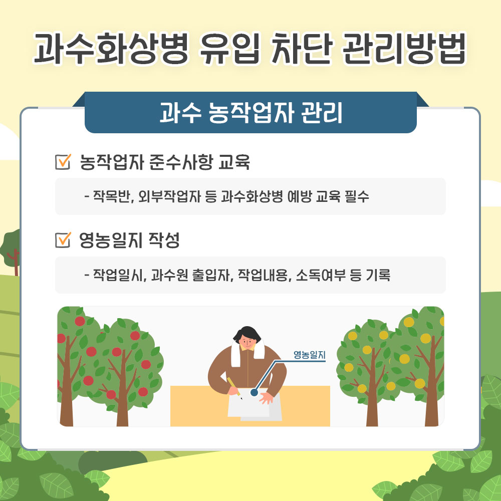 과수화상병 유입차단 관리방법 : 과수 농작업자 관리 - 농작업자 준수사항 교육 : 작목반, 외부작업자 등 과수화상병 예방교육 필수 - 영농일지 작성 : 작업일시, 과수원 출입자, 작업내용, 소독여부 등 기록 