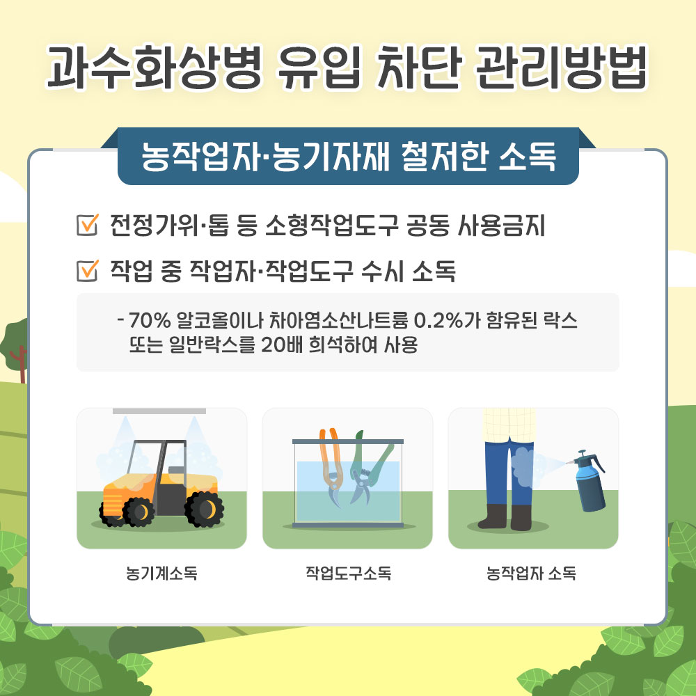 과수화상병 유입차단 관리방법 : 농작업자.농기자재 철저한 소독 -전정가위.톱 등 소형작업도구 공동 사용금지 -작업 중 작업자.작업도구 수시 소독  * 70% 알코올이나 차아염소산나트륨 0.2%가 함유된 락스 또는 일반락스를 20배 희석하여 사용