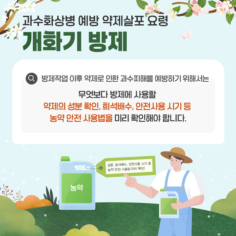 과수화상병 예방 약제살포 요령 -개화기 방제 Q 방제작업 이후 약제로 인한 과수피해를 예방하기 위해서는 무엇보다 방제에 사용할 약제의 성분 확인, 희석배수, 안전사용 시기 등 농약 안전 사용법을 미리 확인해야 합니다.