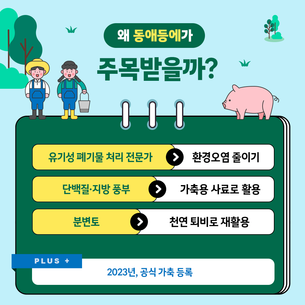 왜 동애등에가 주목받을까? 유기성 폐기물 처리 전문가 > 환경오염 줄이기, 단백질.지방 풍부 > 가축용 사료로 활요,  분변토 > 천연 퇴비로 재활용 (PLUS+ 2023년 공식 가축 등록)