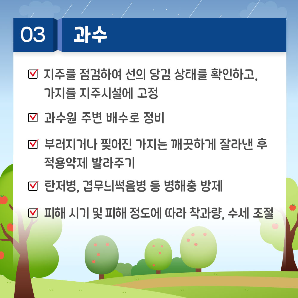 3. 과수 * 지주를 점검하여 선의 당김 상태를 확인하고, 가지를 지주시설에 고정 * 과수원 주변 배수로 정비 * 부러지거나 찢어진 가지는 깨끗하게 잘라낸 후 적용약제 발라주기 * 탄저병, 겹무늬썩음병 등 병해충 방제 * 피해시기 및 피해정도에 따라 착과량, 수세 조절