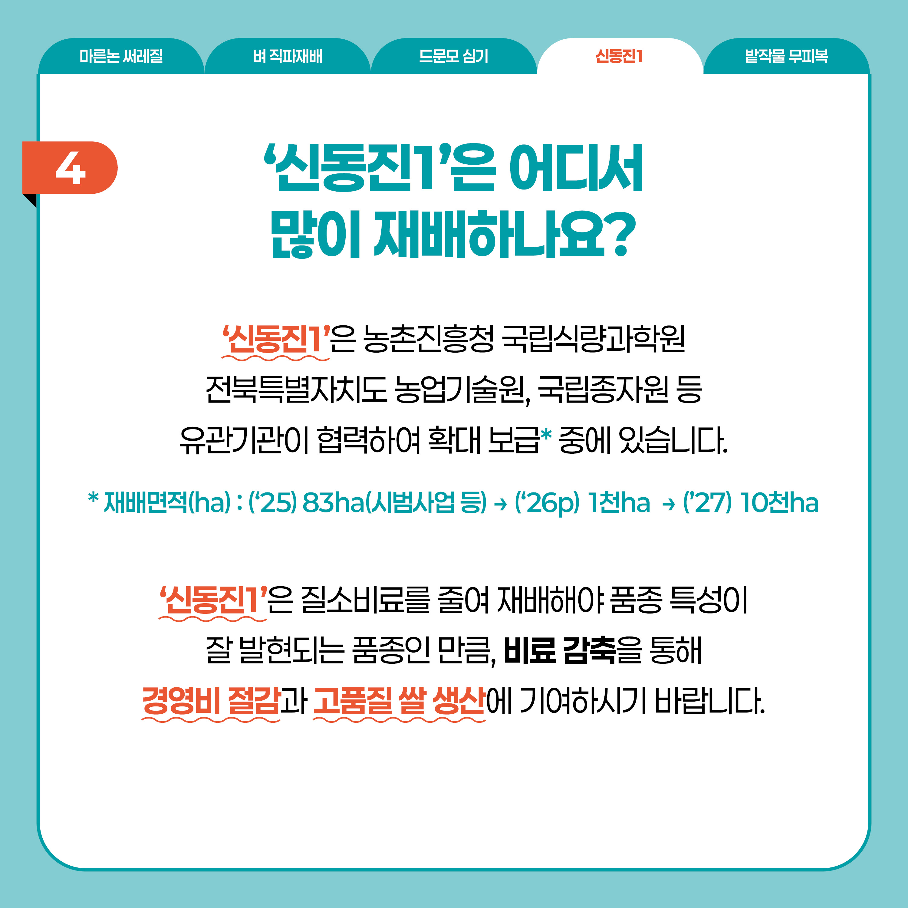 신동진1  '신동진1'은 어디서 많이 재배하나요?  '신동진1'은 농촌진흥청 국립식량과학원 전북특별자치도 농업기술원, 국립종자원 등 유관기관이 협력하여 확대 보급*중에 있습니다.  * 재배면적(ha) : ('25) 83ha(시범사업 등) → ('26p) 1천ha → ('27) 10천ha  '신동진1'은 질소비료를 줄여 재배해야 품종 특성이 잘 발현되는 품종인 만큼, 비료 감축을 통해 경영비 절감과 고품질 쌀 생산에 기여하시기 바랍니다.