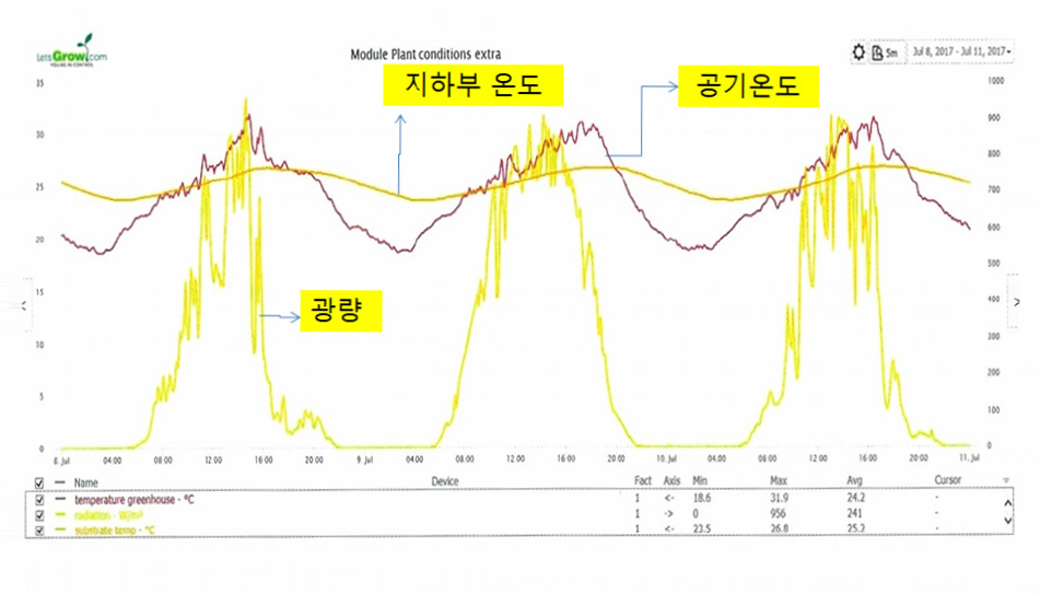 (강광기(6월) 일중 광량, 지하부, 공기온도 변화)