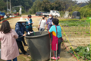 현장기술지원 결과 설명(빨간색 점선 : 육묘장, 노란색 점선 : 배추 재배포장)